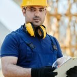 Focused construction worker outdoors wearing safety gear, holding a clipboard at a building site.